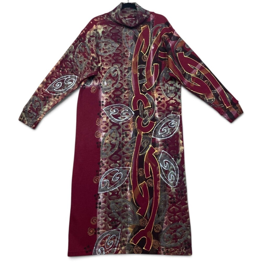 Vintage V.C. Torias Handpainted Signed Dress Womens OS Red Art To Wear Midi